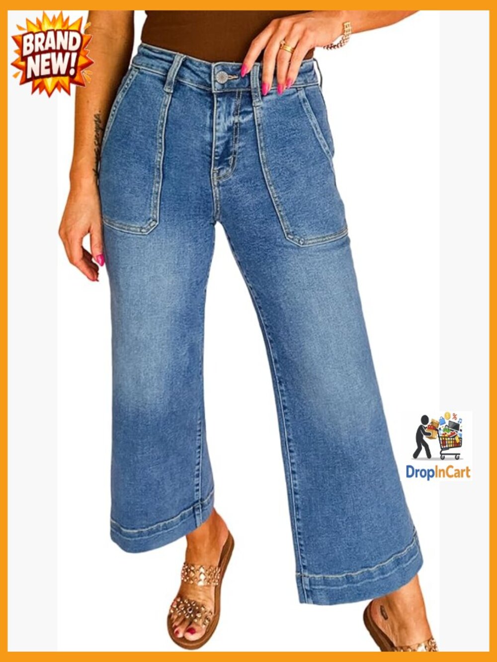 Wide Leg High Waisted Stretchy Jeans Tummy Control Casual Cropped Ankle Denim